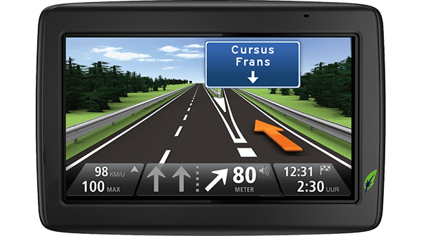 Screenshot navigatiesysteem met tekst Cursus Frans naast landkaart met Gouda aangegeven - in kleur op transparante achtergrond - 600 * 337 pixels